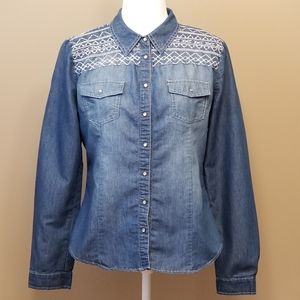 Denim Button down Embroidered Top
